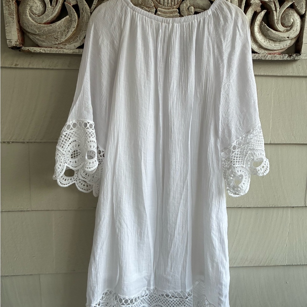 Beach Coverup White Crochet Trim Dress Medium - Picture 7 of 7